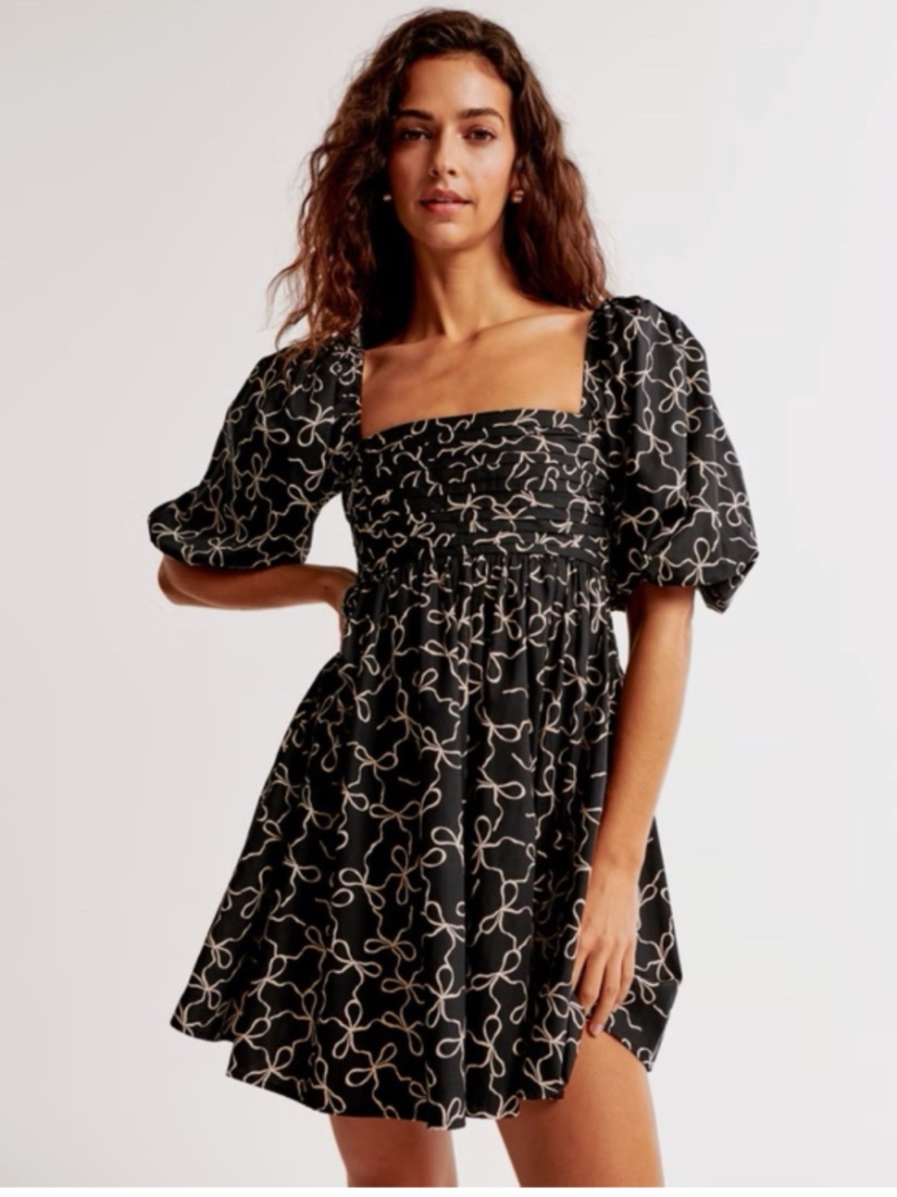 Black Short Puff Sleeve Smocked Dress with White Abstract Print